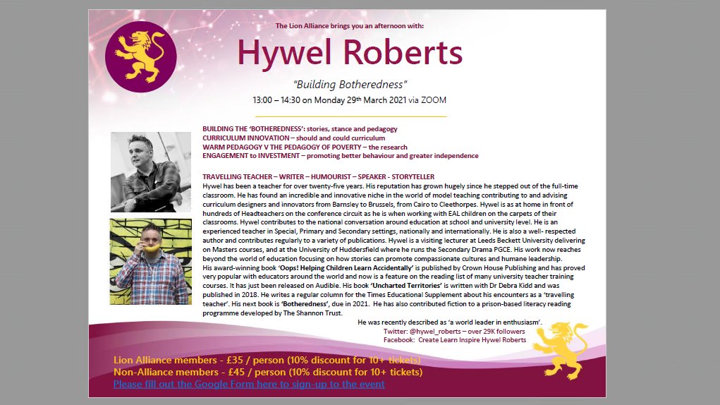 lion_alliance's tweet photo. The Lion Alliance are proud to bring you an afternoon with Hywel Roberts - 29th March 13.00-14.30 Building Botheredness.

Sign up now: https://t.co/RCmMgojrLv https://t.co/fP3ZDkYRef