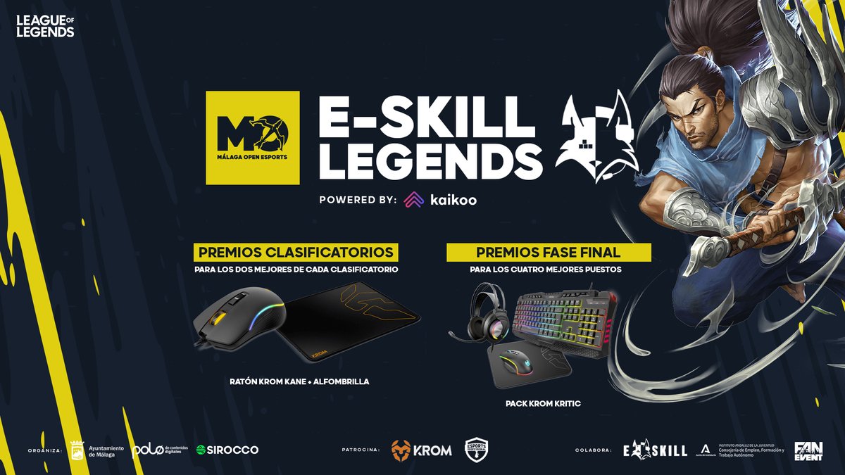 #MálagaOpen

Continúan los torneos que co-organizamos con <a href="/eskillgaming/">E-Skill 🎮</a>, en concreto mañana arranca el torneo de #LoL 1v1

Podrás ganar grandes premios como los de la imagen gracias a <a href="/Krom_Gaming_/">Krom Gaming</a>!