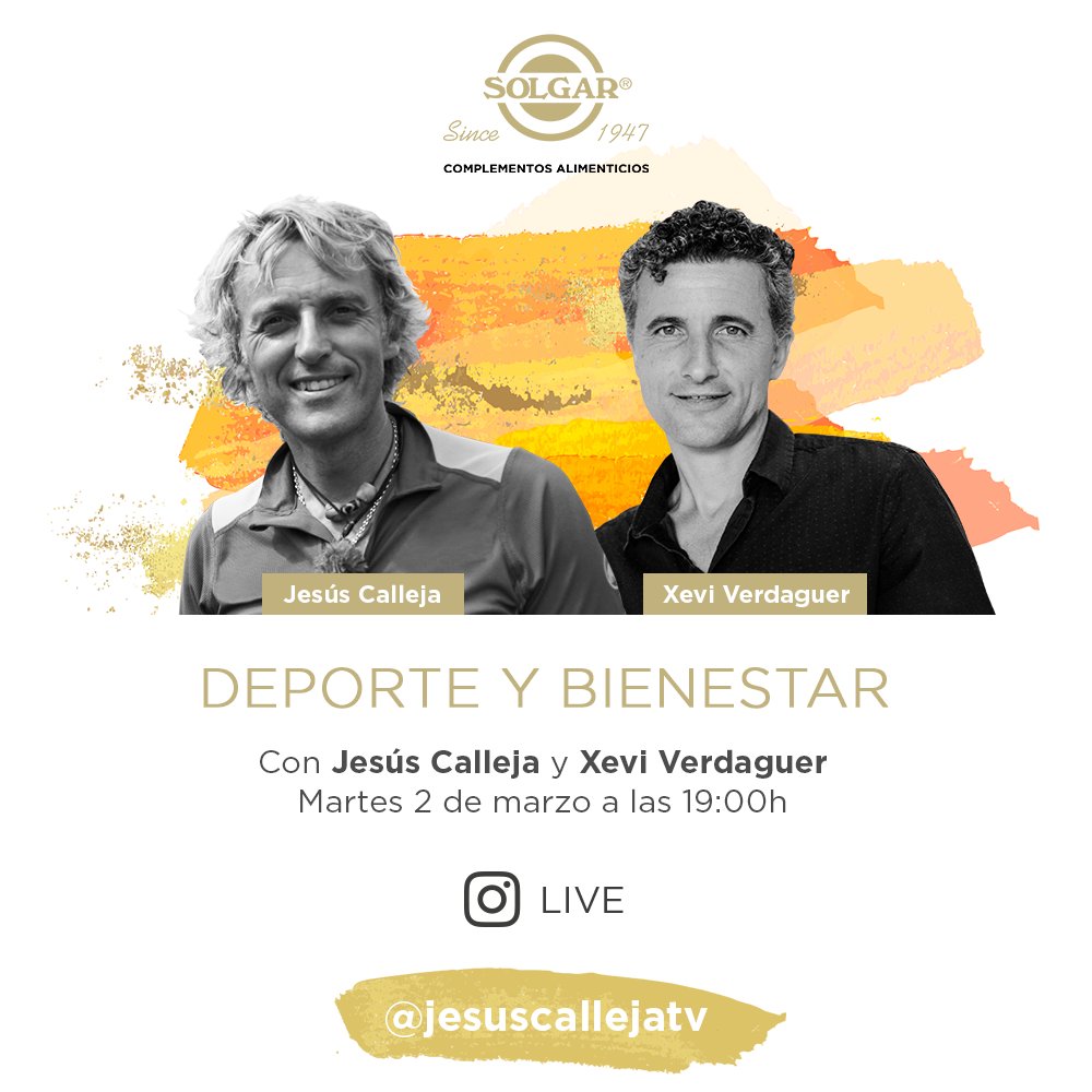 Jesús Calleja (@jesuscalleja) on Twitter photo Os tengo una sorpresa… Hoy en mi Instagram a las 19:00 hablaré sobre deporte y bienestar con <a href="/xeviverdaguer/">Xevi Verdaguer</a>; os sugiero que os apuntéis, él es un experto y contará cosas interesantes que nos ayudan a todos!! Va a ser muy entretenido, a las 19:00 en mi IG!! <a href="/solgar_ESP/">Solgar España</a> Os tengo una sorpresa… Hoy en mi Instagram a las 19:00 hablaré sobre deporte y bienestar con <a href="/xeviverdaguer/">Xevi Verdaguer</a>; os sugiero que os apuntéis, él es un experto y contará cosas interesantes que nos ayudan a todos!! Va a ser muy entretenido, a las 19:00 en mi IG!! <a href="/solgar_ESP/">Solgar España</a>