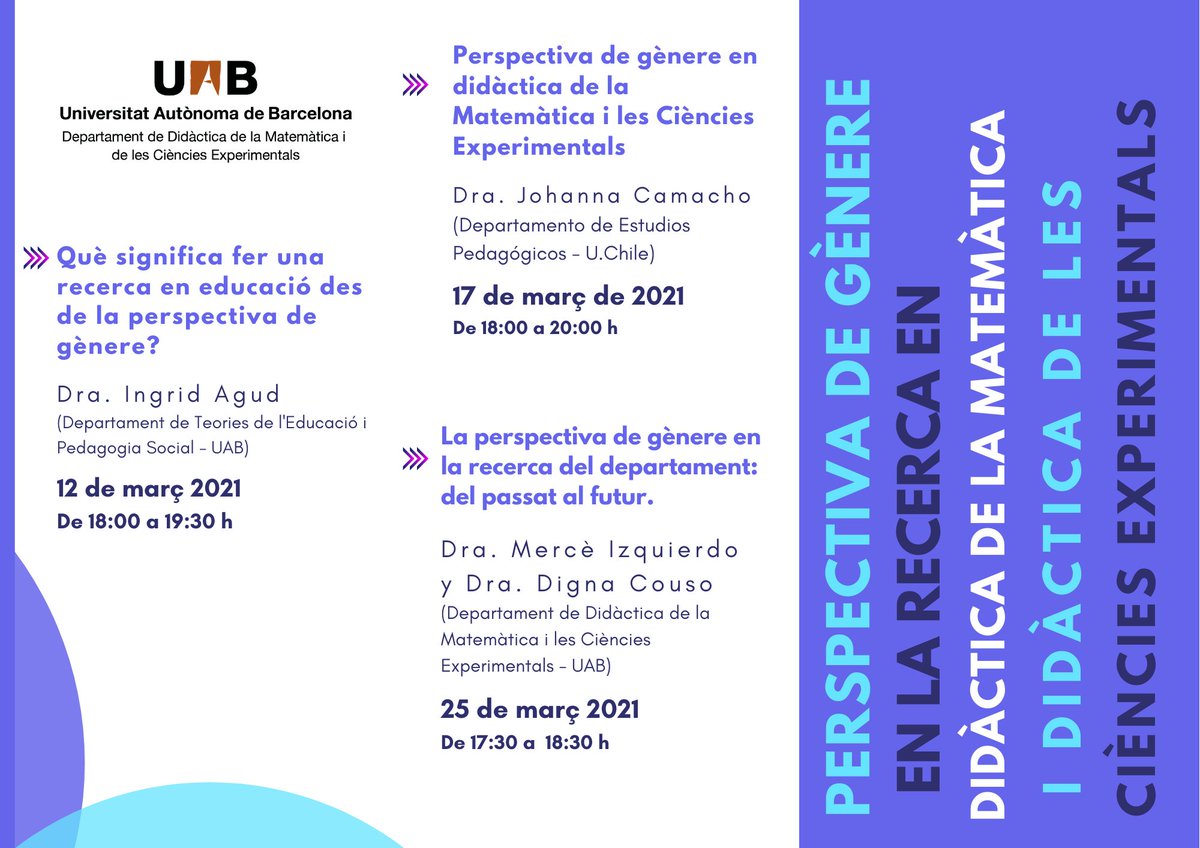 Docdidacticamc's tweet photo. 📢 🤔Si voleu reflexionar sobre com incorporar aquesta perspectiva a les tesis com en la recerca en educació en l'àmbit de didàctica de la matemàtica i les ciències no dubteu en escriure-ns, les sessions són online i en obert! @EducacioUAB 🤗 Horaris👇👇 https://t.co/y2UOTF4rm5