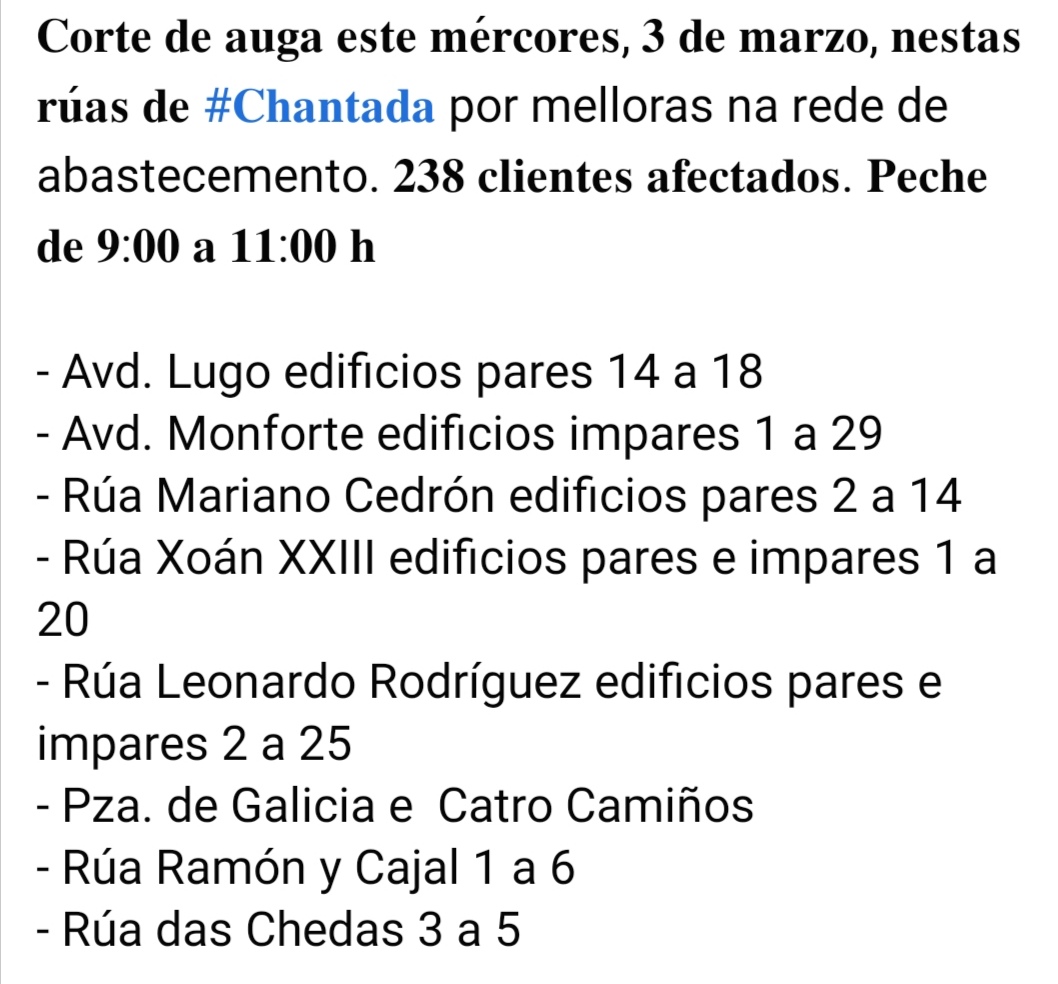 Aviso @VIAQUA para este mércores. 👇 #Chantada  facebook.com/ConcellodeChan…