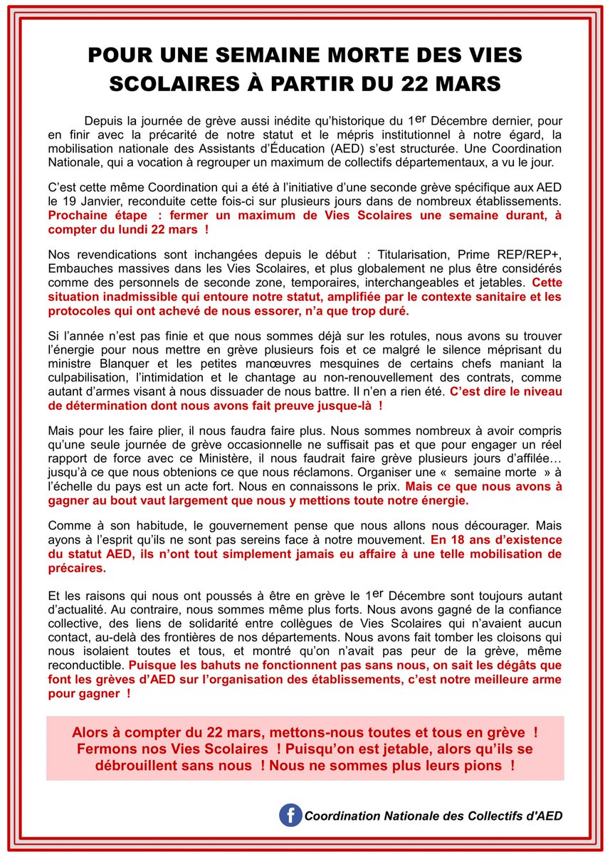 A partir du 22 mars, acte III d'une mobilisation sans précédent. La Coord Nationale des AED appelle à une "Semaine morte" des Vies Scolaires pour en finir avec la précarité inadmissible du statut d'assistant d'éducation ! 

#NousNeSommesPlusVosPions
#GrèveAED #SemaineMorte22Mars