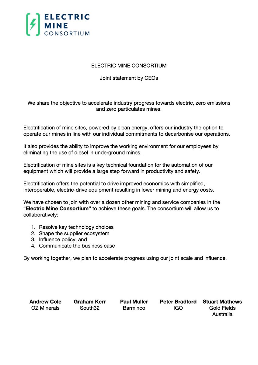 electricmine_'s tweet photo. The CEO's of our member companies have issued a joint statement on the electrification of mine sites. You can read it below https://t.co/FfmPeSjJYF