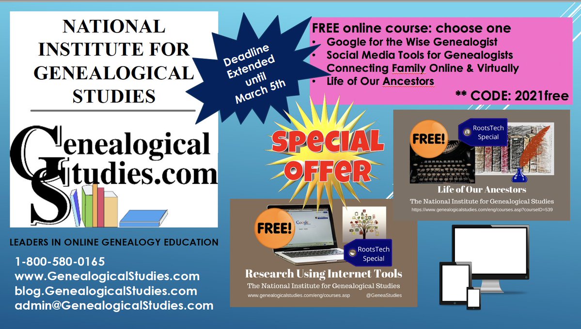 We are celebrating at #RootsTech2021 with a FREE course, choose ONE course for these four. Expires March 5th. #genealogy #familyhistory #skillbuilding <a href="/GeneaStudies/">International Institute of Genealogical Studies</a> 
blog.genealogicalstudies.com/2021/03/discou…