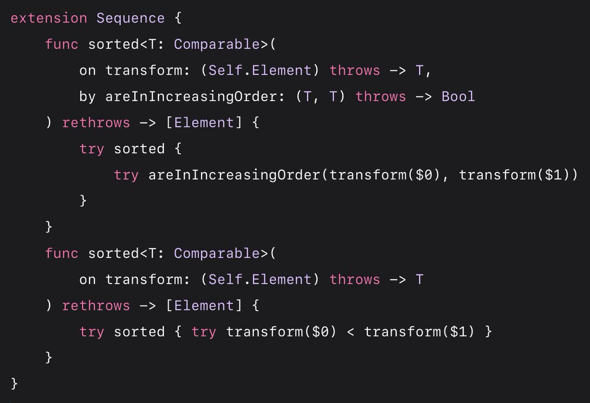 xwu's tweet photo. @bjhomer It's been talked about before, certainly.

Since key path literals can be used where a function takes a closure as an argument, my preferred spelling is something like the following, which can be used as `people.sort(on: \.surname, by: >)`: https://t.co/nQlSkvilki