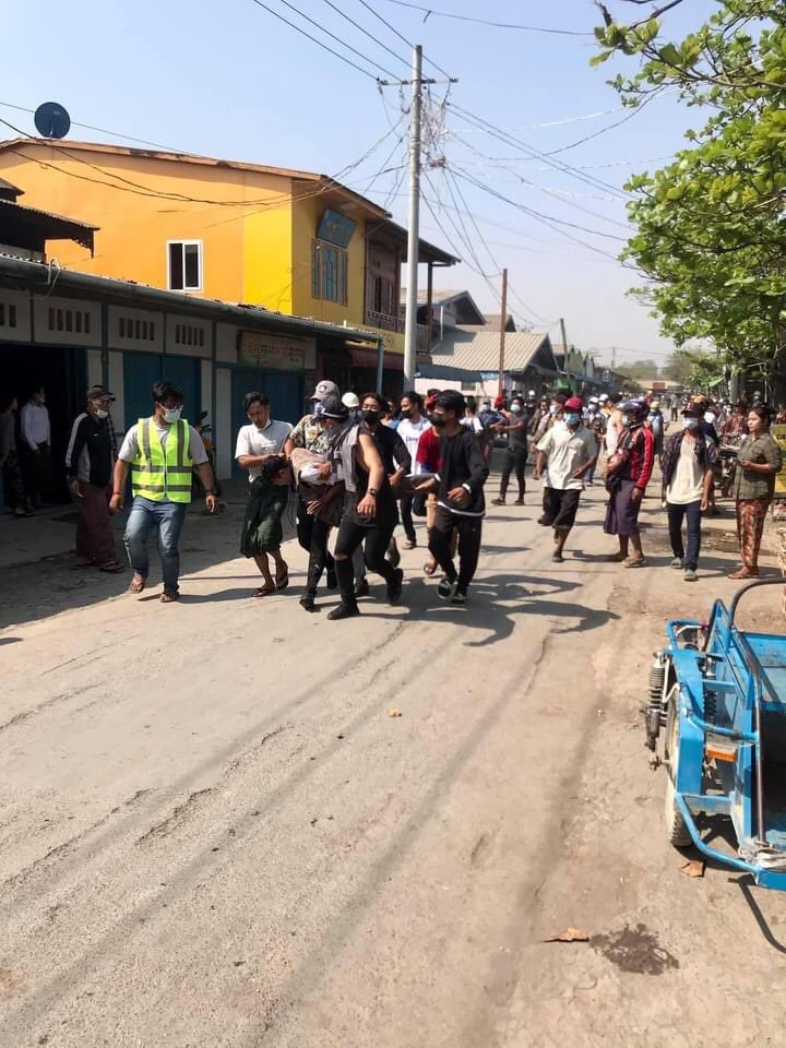 Tw //blood At least 10 protesters in Kalay were injured due to the crackdown with live ammunitions. ELECTED CRPH #WhatsHapppeningInMyanmar #Mar2Coup