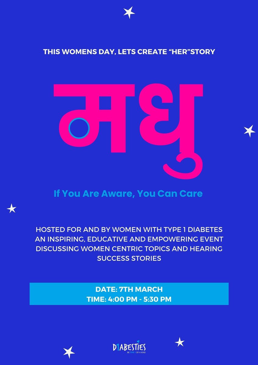 Jazzsethi95's tweet photo. This #WomensDay we present to you “Madhu” - an event hosted for and by women living with #Type1Diabetes 

Talks by #HCP’s on topics related to #T1D and women, and success stories from the community! 

If you are aware - you can care 💙💗

Join us - Sunday 4 pm - live on YT https://t.co/SI3su7UOwq