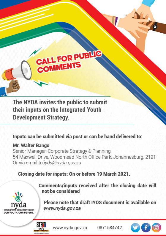 NYDARSA's tweet photo. The Integrated Youth Development Strategy public participation process is open and the deadline for public inputs has been extended to 19 March 2021. 

Young people will have sufficient time to make meaningful contributions.  

Access draft document, at: https://t.co/oEjLreDKEn https://t.co/Xa0lnrjQXL