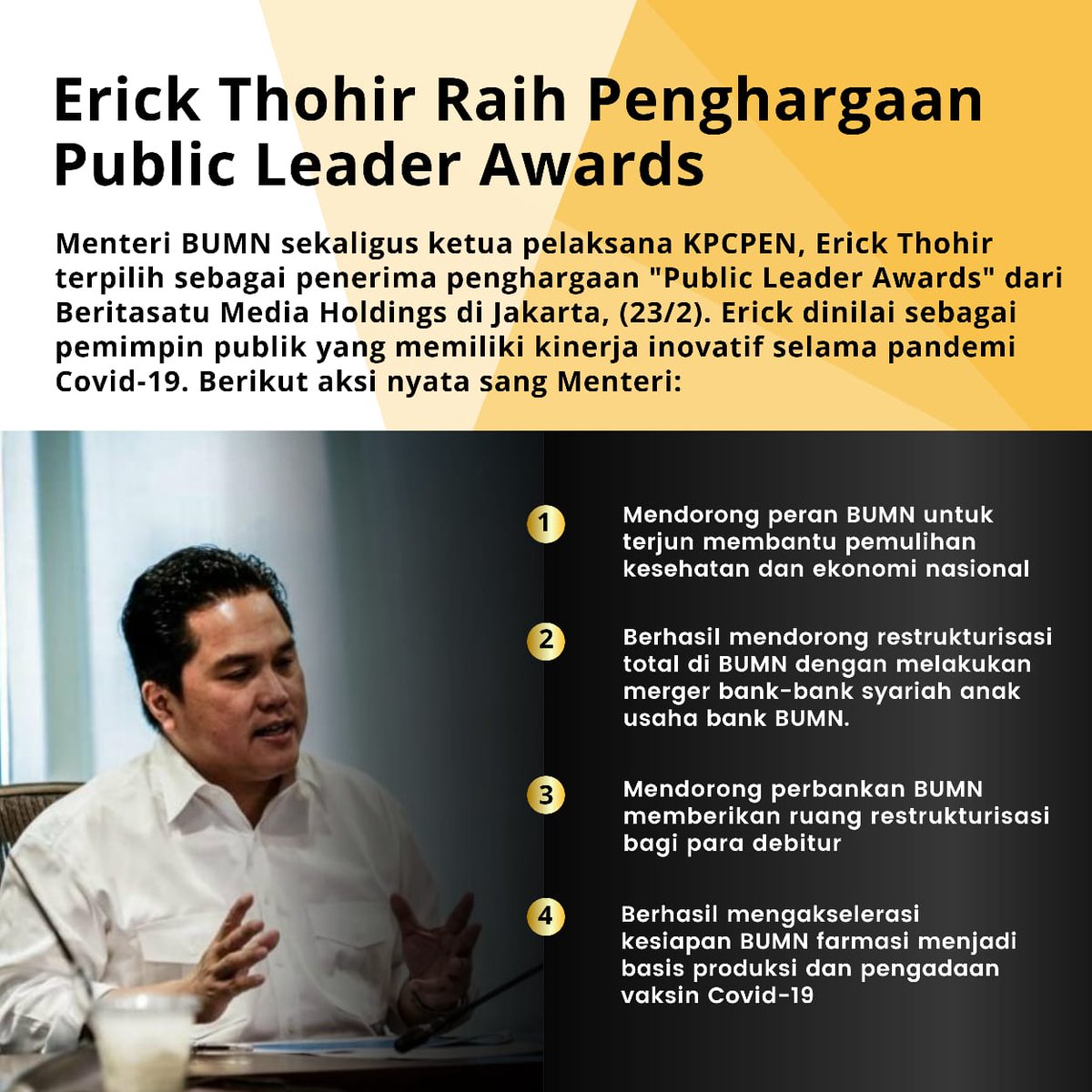 MaulaAristi's tweet photo. Pada tanggal 23 februari lalu @erickthohir meraih penghargaan #PemimpinInovatif atas kinerjanya dalam membantu memulihkan perekonomian indonesia. 
@KemenBUMN @erickthohir https://t.co/sjPviDzigN