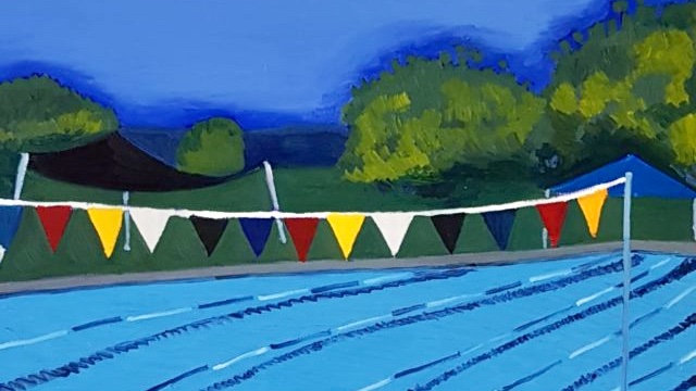 reseyspru's tweet photo. #PoolPaintings 19:
Tumut Memorial Swimming Pool, oil, gesso on canvas, 2017, Jennifer Baird.
Tumut is a small country town on Wiradjuri land in the foothills of the Snowy Mountains with an outdoor Olympic pool opened in 1962, named in honour of those who served in WWI & 2. https://t.co/0WfmKvKmEn