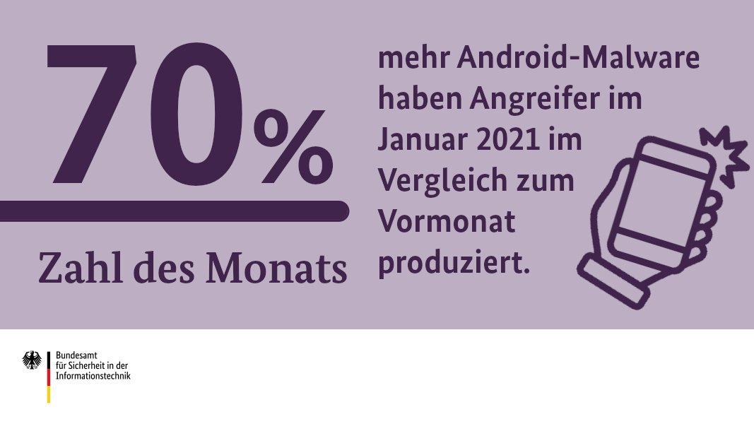 BSI_Bund's tweet photo. #Android-Malware wird immer mehr zum Klassenprimus unter den neuen Schadsoftware-Varianten. Apps sollten nur aus vertrauenswürdigen Quellen geladen werden und genauso wie das Betriebssystem stets auf dem aktuellsten Stand sein. #DeutschlandDigitalSicherBSI https://t.co/v1B4sUh8HA