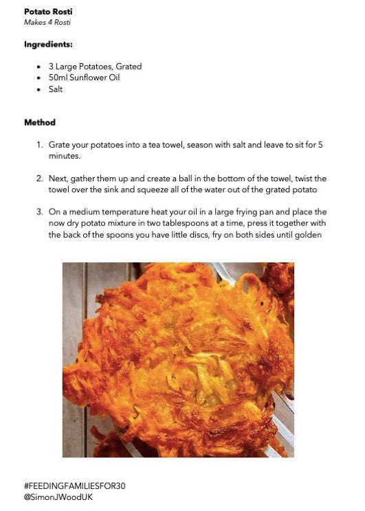 SimonJWoodUK's tweet photo. Iโm releasing easy recipes every day to try and help people of all skill levels in the kitchen to work with what they have got or the food boxes that they are sent....
These Potato Rosti are good for breakfast, lunch, brunch or dinner
#FEEDINGFAMILIESFOR30 https://t.co/QwuGESMUMU