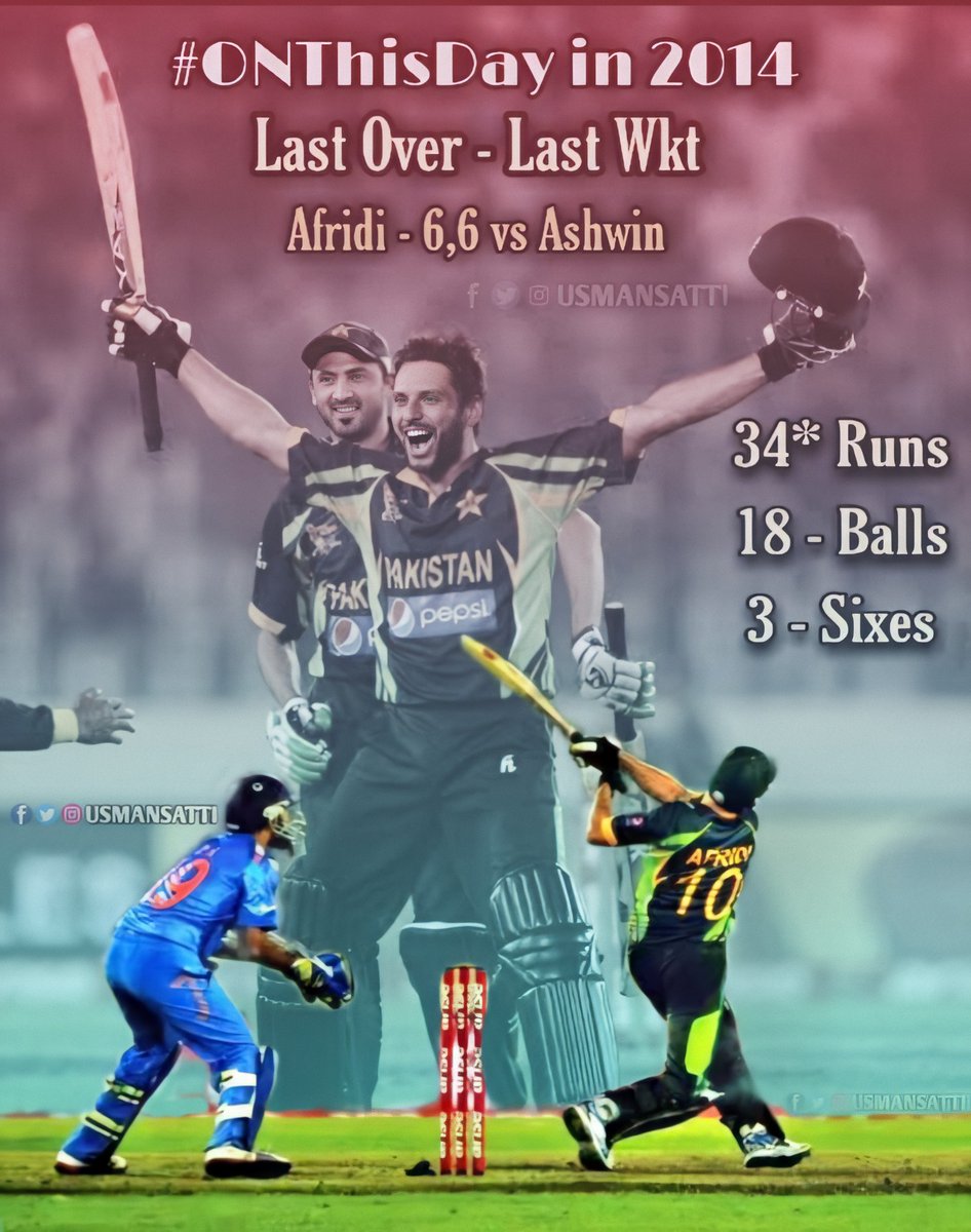usmansatti476's tweet photo. #OnThisDay in 2014,
Pakistan ๐ต๐ฐ vs India ๐ฎ๐ณ #AC2014
@SAfridiOfficial vs @ashwinravi99
Pakistan won by 1 wicket, Shahid Afridi smashed 2 consecutive sixes against Ashwin in last over, and won match for his side. #BoomBoom https://t.co/soxoVLAELx