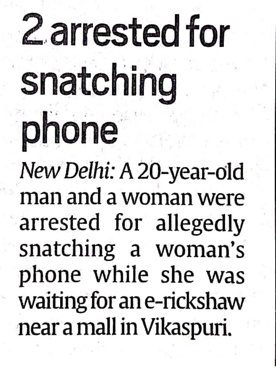 i_addl's tweet photo. Two snatchers, (Bunty&amp;Babli) namely Sidharth(20yrs) &amp; simran (20yrs) has been arrested by the team of PS Vikas Puri after collecting inputs from their sources. 01 M/cycle &amp; 01 mobile has been recovered from them. @CPDelhi @DelhiPolice @DCPWestDelhi https://t.co/P6v8IJtOWe