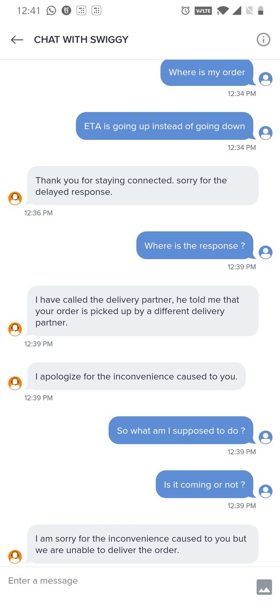vailad's tweet photo. Everyday story with @swiggy_in these days. No proactive communication that the order is not being delivered. The customer has to keep waiting and keep asking. Way to go @SwiggyCares https://t.co/CXYxYUMiXR