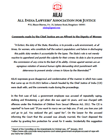 AilajHq's tweet photo. The Judiciary in India is accountable for every remark made by it in official capacity. AILAJ condemns the CJI's remarks that are an affront to the constitutional guarantee of equality and demands a formal apology from him. Read our statement below. https://t.co/mUVUNN9Lqm
