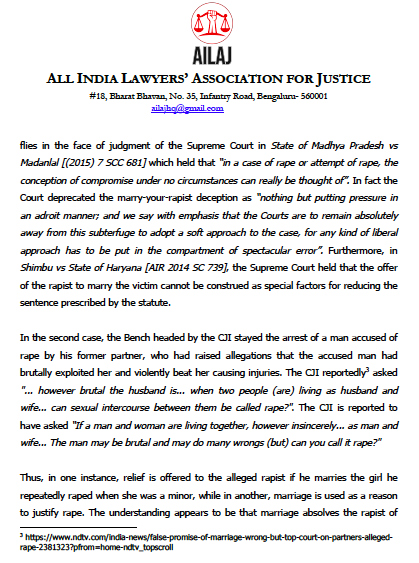 AilajHq's tweet photo. The Judiciary in India is accountable for every remark made by it in official capacity. AILAJ condemns the CJI's remarks that are an affront to the constitutional guarantee of equality and demands a formal apology from him. Read our statement below. https://t.co/mUVUNN9Lqm