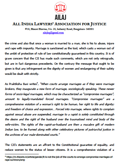 AilajHq's tweet photo. The Judiciary in India is accountable for every remark made by it in official capacity. AILAJ condemns the CJI's remarks that are an affront to the constitutional guarantee of equality and demands a formal apology from him. Read our statement below. https://t.co/mUVUNN9Lqm