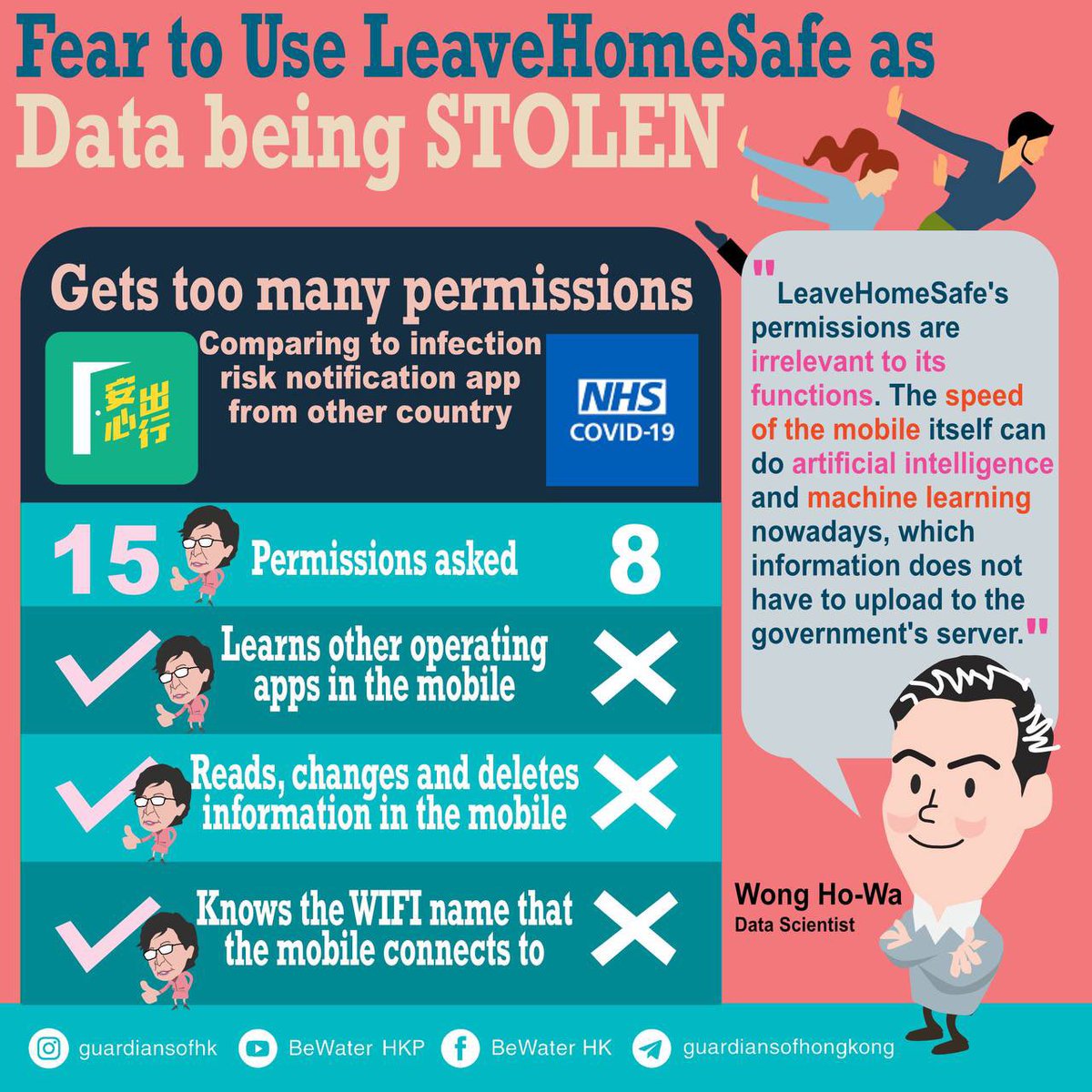 HelpSoshk's tweet photo. How can we Leave Home Safely when the LeaveHomeSafe app asks for 15 permissions and is developed by a Chinese company, especially there is a reference to Singapore's app?
#LeaveHomeSafe #COVID19 #TrackandTrace #GoHKgraphics https://t.co/9nN2jMF7gY