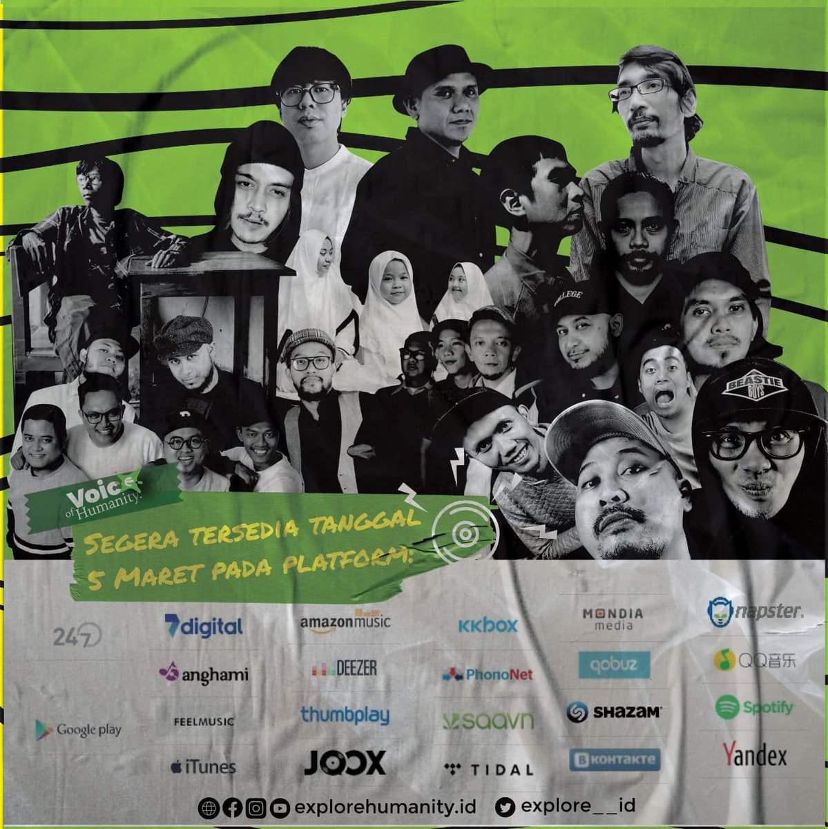 <a href="/vocafarabi/">VOCAFARABI #NIMO</a> adalah sebuah grup acappella potensial Indonesia. Dengan karya-karyanya yang easy listening Vocafarabi mendapatkan tempat yang special di hati para pendengarnya. Karya berjudul “Senyum Sedekah” menjadi karya yang dipilih untuk ikut meramaikan album #VoiceOfHumanity.