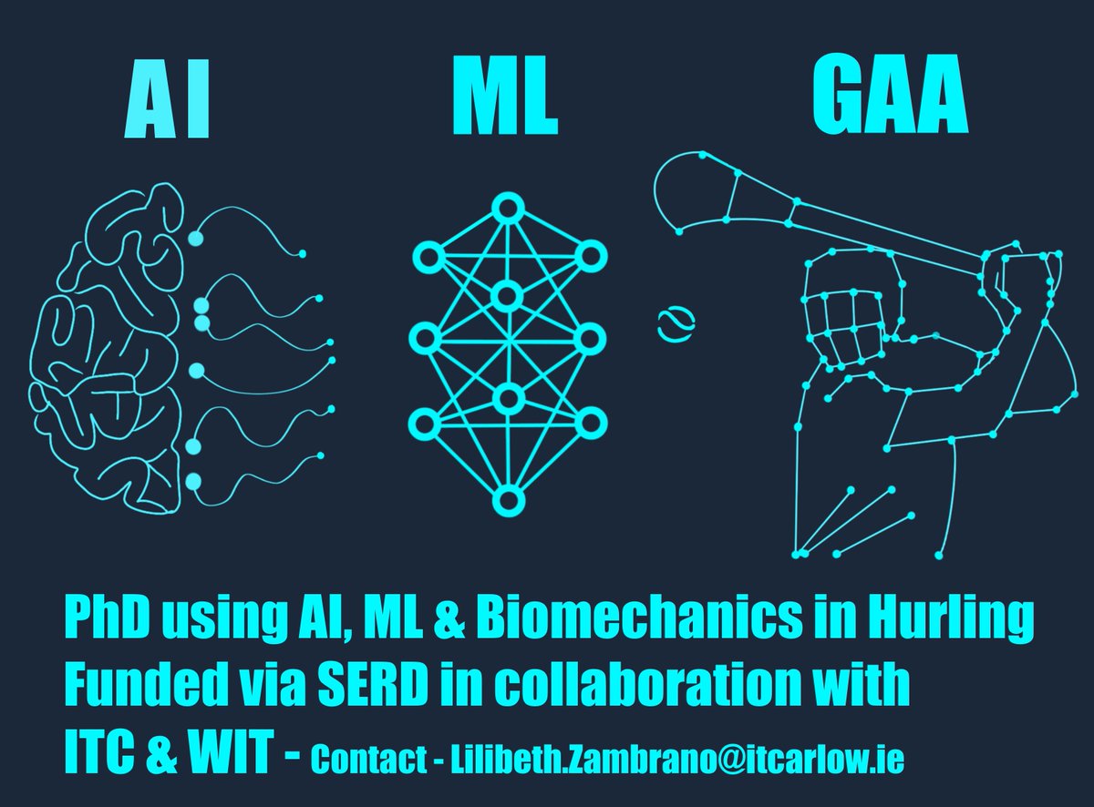 Job: PhD using #ArtificialIntelligence #MachineLearning & #Biomechanics in Hurling. 

Funded via #SERD in collaboration with @DSESWIT & @itcarlowscience
💵€16,000 p/y + Fees
📅Deadline April 5th 2021
📩Conctact: Lilibeth.Zambrano@itcarlow.ie
🐦@lilizambri

#jobsinsportscience