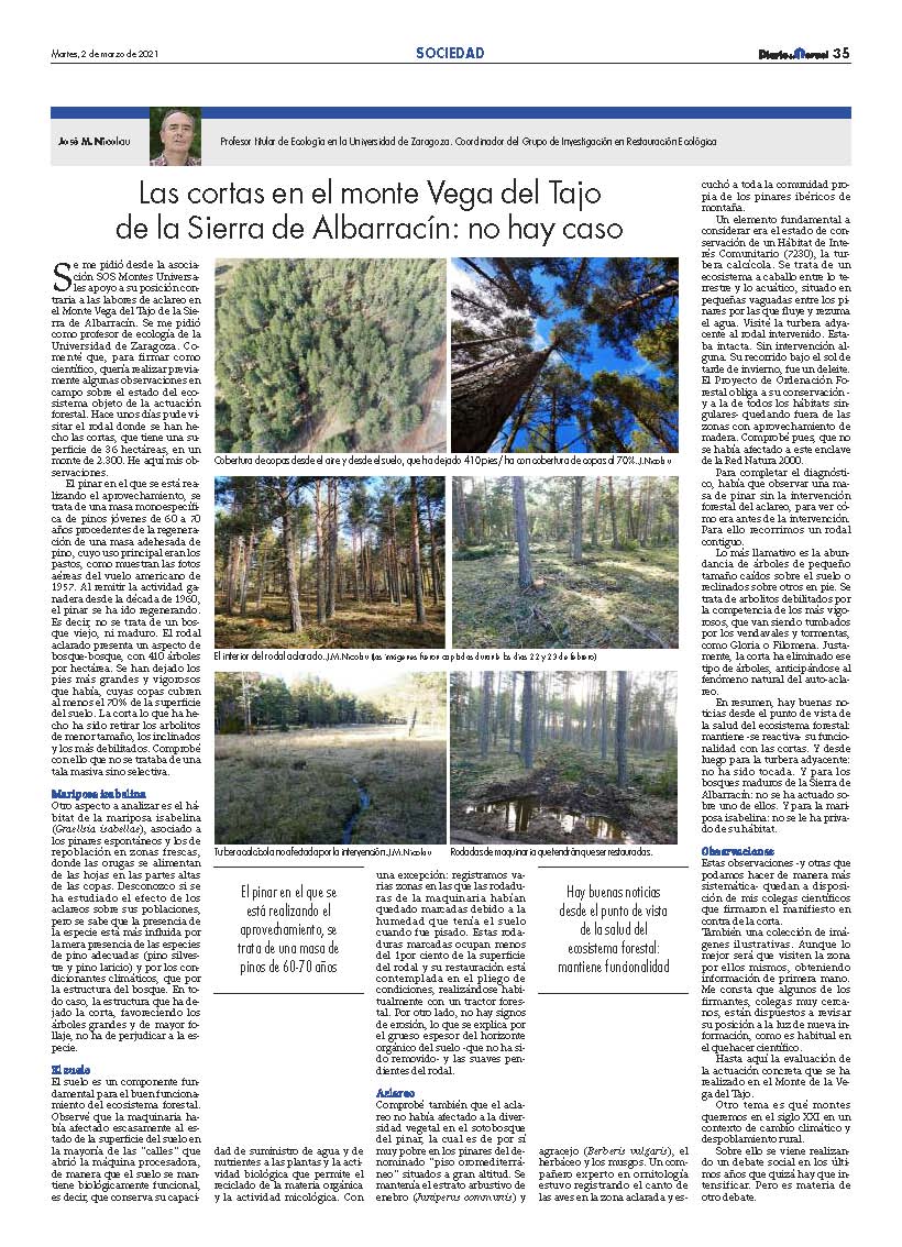 IngForestal50's tweet photo. Las cortas en el monte Vega del Tajo de la Sierra de #Albarracín: no hay caso. José M. Nicolau Profesor titular de #Ecología en la @unizar. Coordinador del Grupo de Investigación en Restauración Ecológica vía @diariodeteruel  #MontesUniversales https://t.co/jmtTDaOCY4