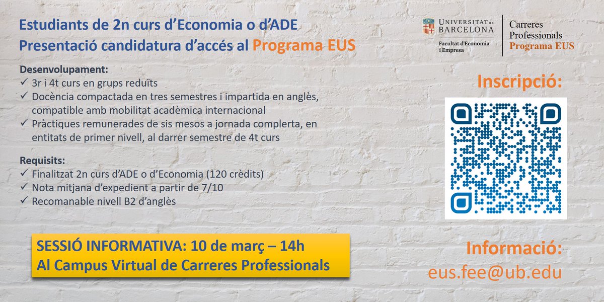 Sessió informativa Programa EUS ‼️
10 març a 14h al Campus Virtual de Carreres Professionals :
campusvirtual.ub.edu/course/view.ph…

Presentació de candidatures al Programa EUS i info:
ub.edu/CarreresProfes…

eus.fee@ub.edu  

@UBFacEcoiEmpres