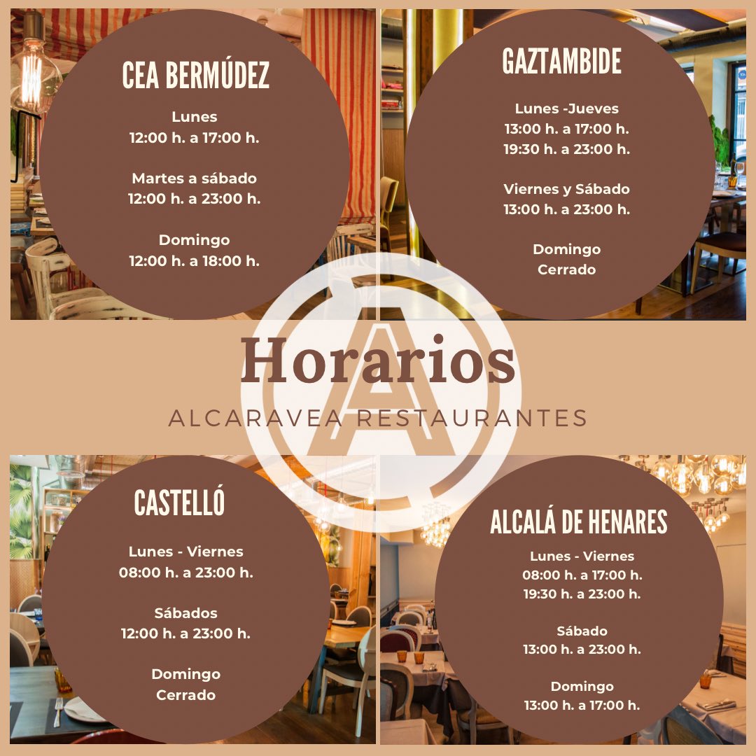 ⚠️Aquí tenéis los horarios de los restaurantes #Alcaravea. Haz tu reserva, y recuerda que también puedes pedir la comida para llevar o en la app de Glovo. #GrupoAlcaravea #horarios #restaurantes #hosteleria #hosteleriasegura #apoyoalahosteleria #comidas #cenas #food