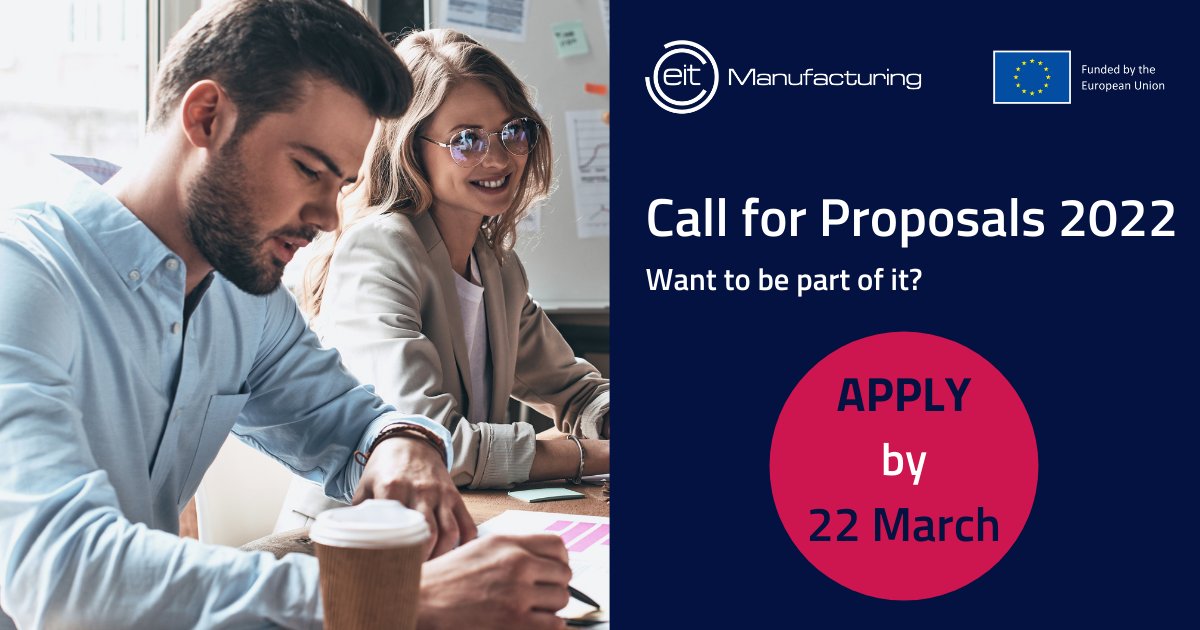 EITManufactur's tweet photo. 📣The Call for Proposals 2022 is now open! 

The call process takes place in several stages, starting with a pre-call which ends on March 22. 

👉🏻Read more about the process, criteria, and what you need to prepare here: https://t.co/j5kC9koQq0

@EITeu https://t.co/4G3UF6j9Hr