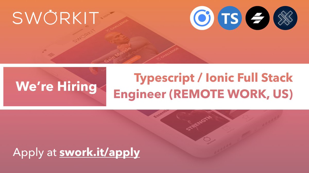 We're excited to be hiring another Typescript / Ionic Full Stack Engineer to join our team at <a href="/Sworkit/">Sworkit</a> 

We'd love to hear from anyone eager to learn and join the fun with one of <a href="/Ionicframework/">ionic</a>'s showcase apps.

Please RT and share! 💫

<a href="/typescript/">TypeScript</a> <a href="/stenciljs/">Stencil</a> <a href="/capacitorjs/">Capacitor</a>