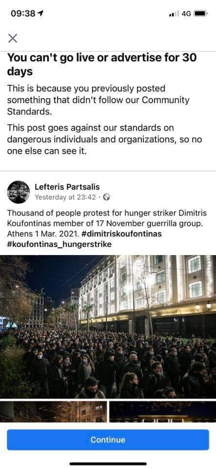 Facebook in Greece is imposing some banana republic-style #censorship on journalists’, photojournalists’ and lawyers’ accounts posting about #koufodinas_hungerstrike. 
This is looking ridiculous, @Facebook.