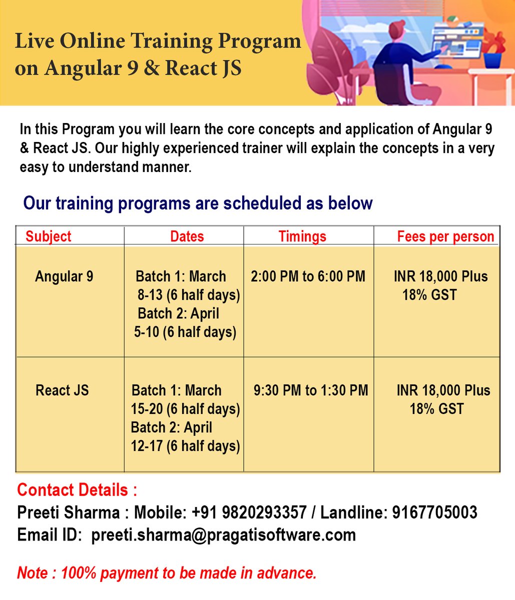 Send your nomination now !!
For more information contact us on: 9820293357 or mail us at: preeti.sharma@pragatisoftware.com
#ITCourses #SoftwareCourses #AngularJS #ReactJS  #Angular #experttrainers #pragatisoftware #angular9 #experttrainer #livetrainings #Livesession