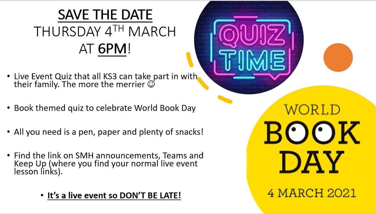 Minster_English's tweet photo. 📚🤩KS3 are invited to 'The Minster School's World Book Day Quiz'! 

Join with all the family at 6pm on Thursday 4th March. All you need is a pen, paper and plenty of snacks 🍭🍿. 
Find the link on SMH and Keep Up where you find your normal live lesson links. 

See you there!🤩 https://t.co/fMaVOZmzjk