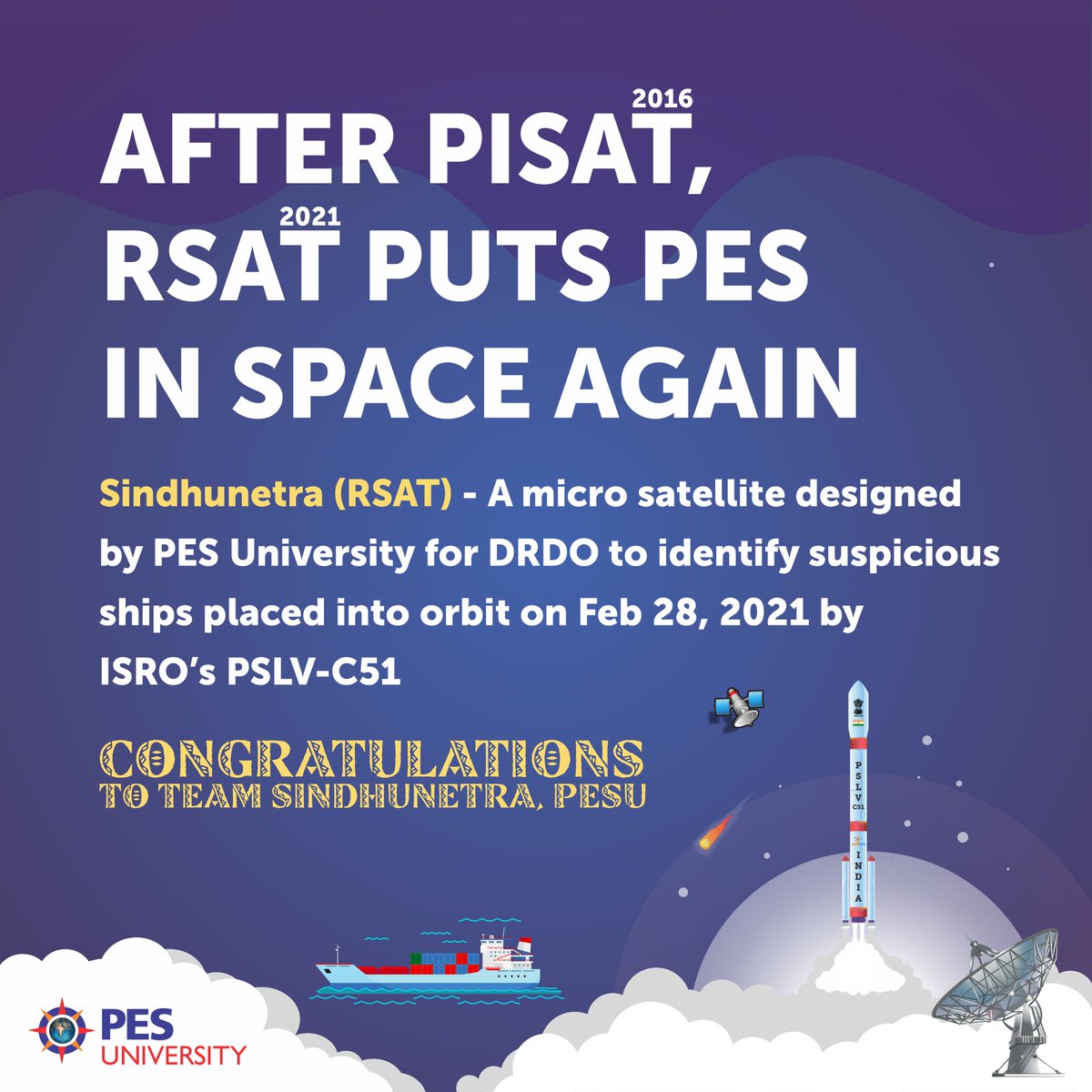 PESUniversity's tweet image. #RSAT – A micro satellite designed by #PESUniversity that is one among the 18 Co-passenger Satellite in the Polar Satellite Launch Vehicle (#PSLVC51) lifted off from the first launch pad of the Satish Dhawan Space Centre (SHAR), at around 10.24 am.

news.pes.edu/10494