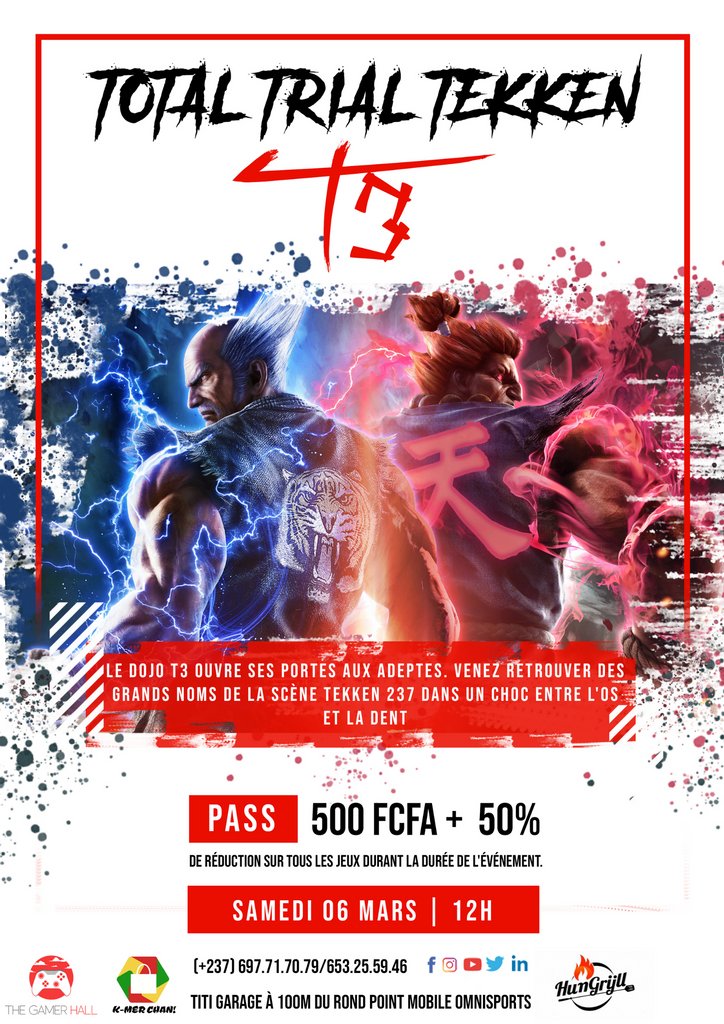 TheGamerHall's tweet photo. TGH TOTAL TRIAL TEKKEN

A ne pas manquer! le RDV de ce Samedi 06 Mars dès 12h au Gamer Hall.
PASS:
500 FCFA + 50% de réduction sur tous le jeux durant l'évènement

Infoline:
697.71.70.79 / 653.25.59.46

#TGH #gamingcommunity #Tekken #esports #competition #hosting #gaming https://t.co/TZFc3QM71i