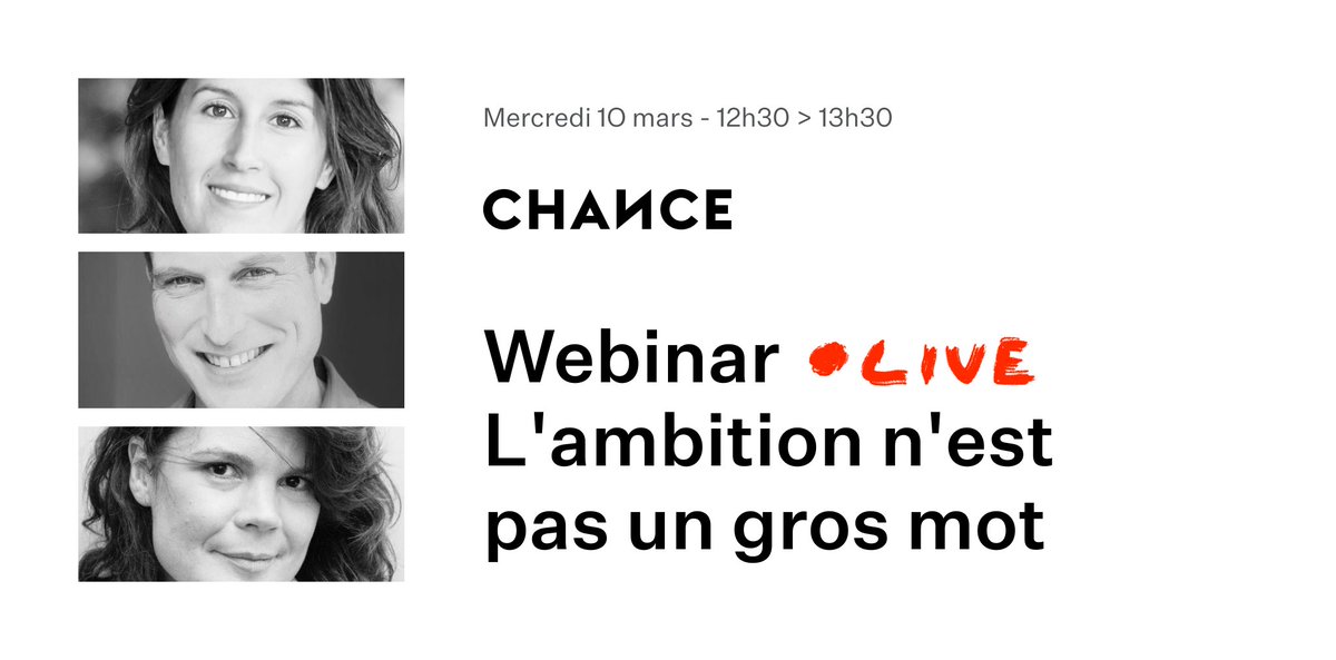 chance_france's tweet photo. Vous êtes vous demandé ce qu'est l'ambition pour vous ? Nos experts vous partageront leurs expériences et leurs conseils pour révéler VOTRE version de l’ambition lors d'un live gratuit et interactif 👇

📅Mercredi 10 mars, de 12h30 à 13h30
🎟Inscriptions : https://t.co/LmaTwSQT3m https://t.co/t5TvjzhQRD