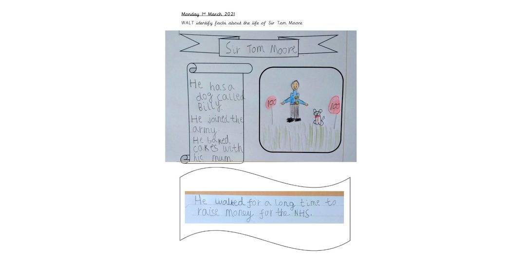 FishpondsCE's tweet photo. Year one have been enjoying the book: One Hundred Steps. We have been doing some super writing about the life of Sir Tom Moore. Well done Jasmine for this lovely fact file about Sir Tom Moore! :)
#TomorrowWillBeAGoodDay #OneHundredSteps https://t.co/8k6ejIXKfB