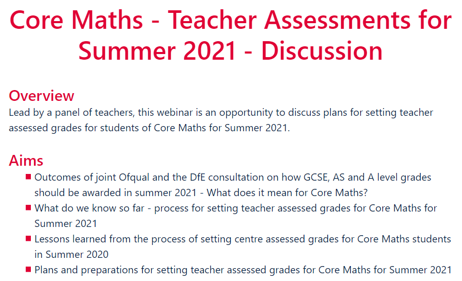 Given the recent announcements from <a href="/educationgovuk/">Department for Education</a> and <a href="/ofqual/">Ofqual</a>, this #CoreMaths event from <a href="/Advanced_Maths/">AMSP - Advanced Mathematics Support Programme</a> @EEAMSP looks timely and useful.

amsp.org.uk/events/details…