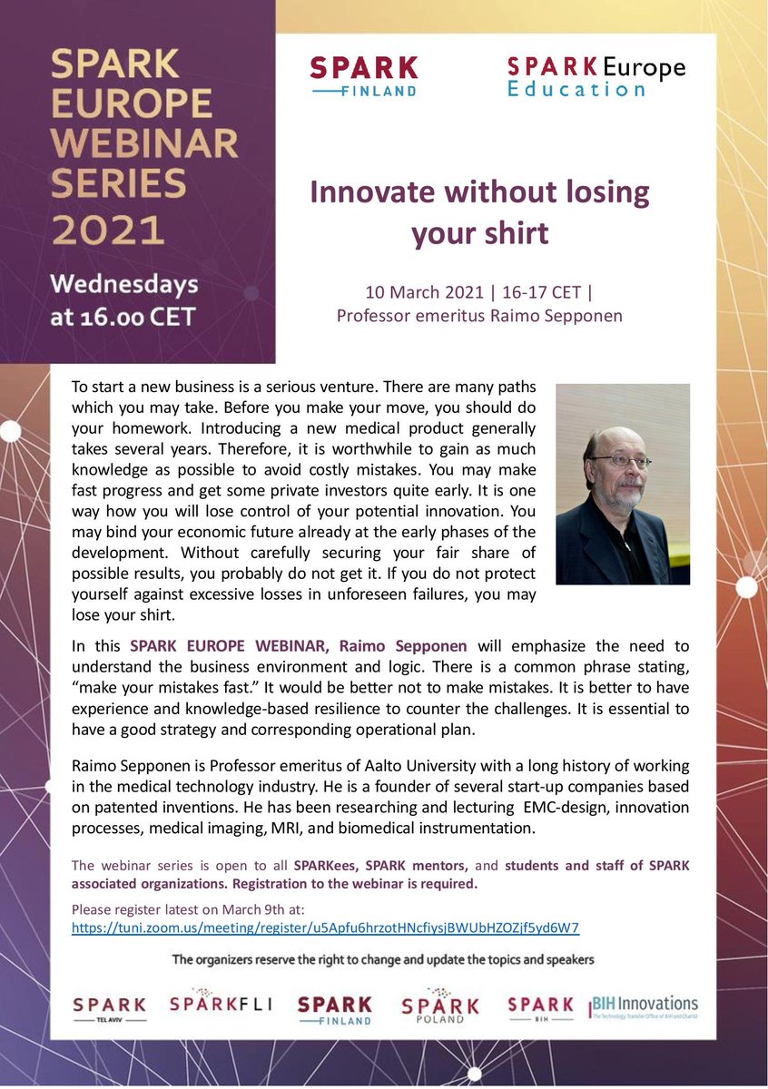 Are you interested in learning about the product development process of medical products?
Join our webinar with Raimo Sepponen "Innovate without losing your shirt” 
tuni.zoom.us/meeting/regist…
