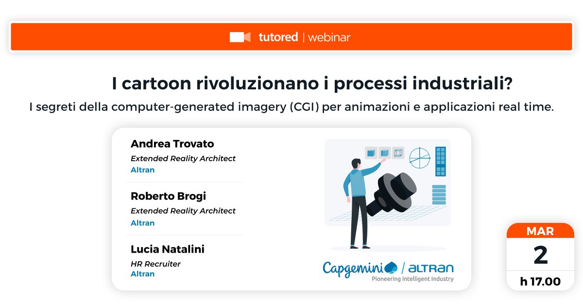 CapgeminiEngIT's tweet photo. Oggi pomeriggio alle 17 ti aspettiamo al #webinar  organizzato insieme a @Tutored_me sui segreti della computer-generated imagery #CGI per animazioni e applicazioni real time. I cartoon rivoluzionano i processi industriali? https://t.co/zPKWrdSNtb #AR #VR https://t.co/36k5TTwI3J