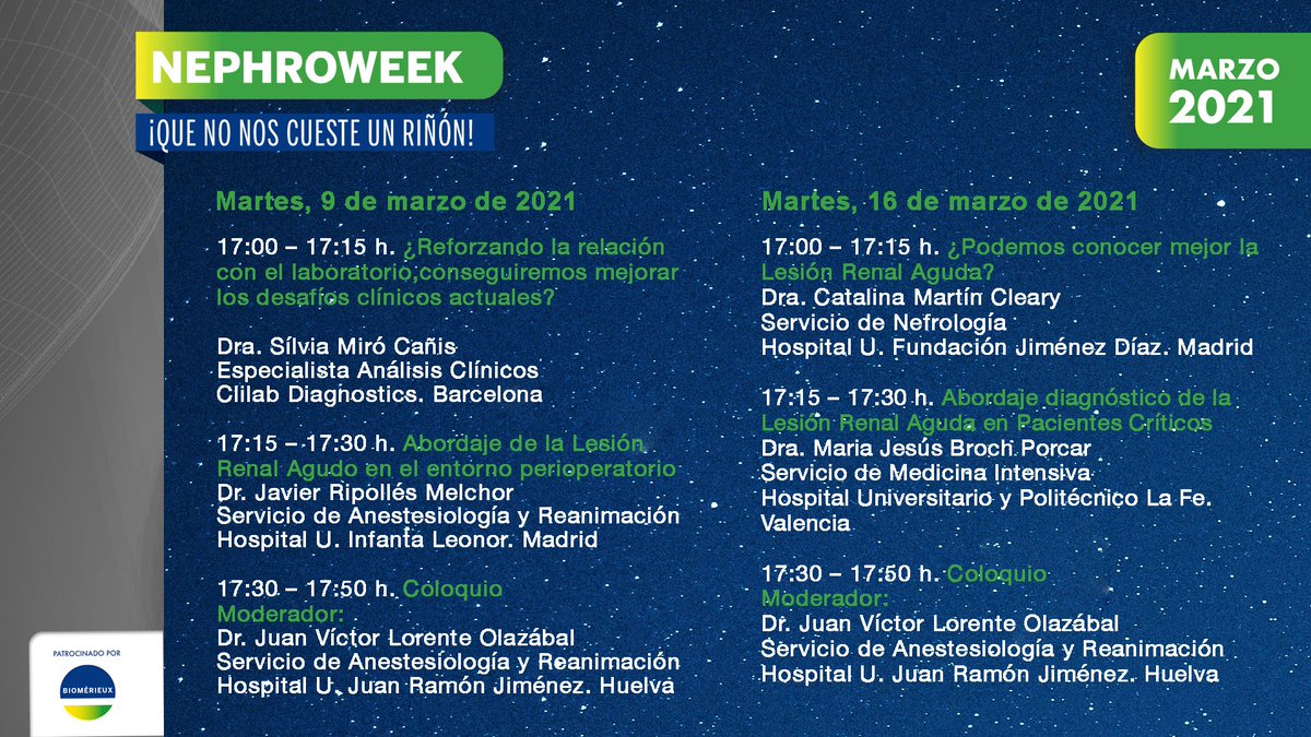 AymonSolutions's tweet photo. Os dejamos el programa de #Nephroweek2021: ¡Que no nos cueste un riñón!💥 Patrocinadao por @biomerieux 👉🏼 Más info aquí: https://t.co/amII4srvOW 💸 Inscripción gratuita 📆 9 Y 16 MARZO 💻 #Webminar #LesionRenalAguda #Nephrocheck #Nefrologia #Anestesiologia #MedicinaIntensiva https://t.co/qTg5LCbPOB