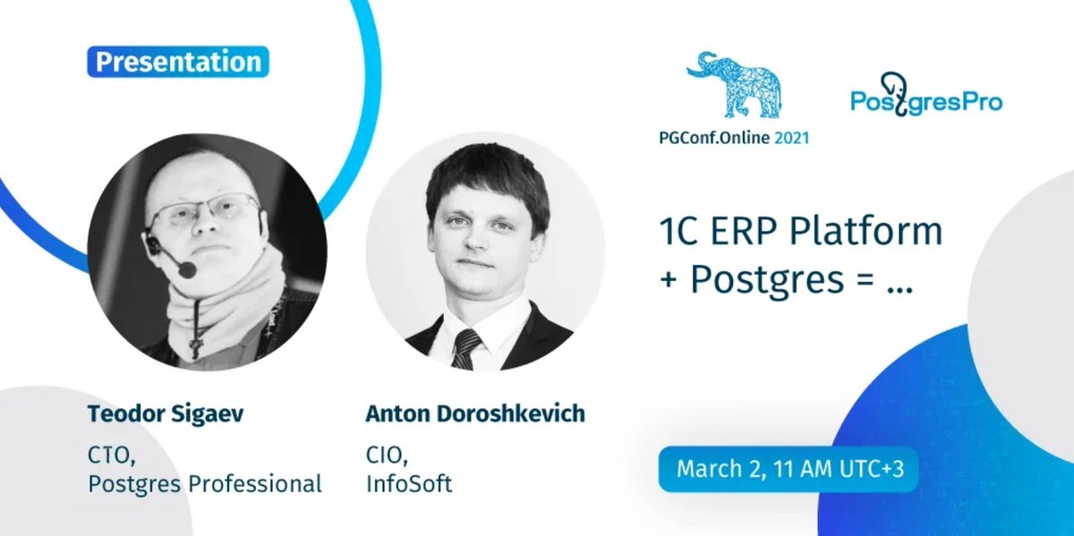 efeiya_grassie's tweet image. Live now at #pgconfonline! Teodor Sigaev, CTO #PostgresProfessional, and Anton Doroshkevich, CIO Infosoft, discuss how to use the 1C ERP Platform with @PostgreSQL in large organizations. #PostgresPro #ERP #PostgreSQL #Postgres #databases #dbms #rdbms #collaboration #integration