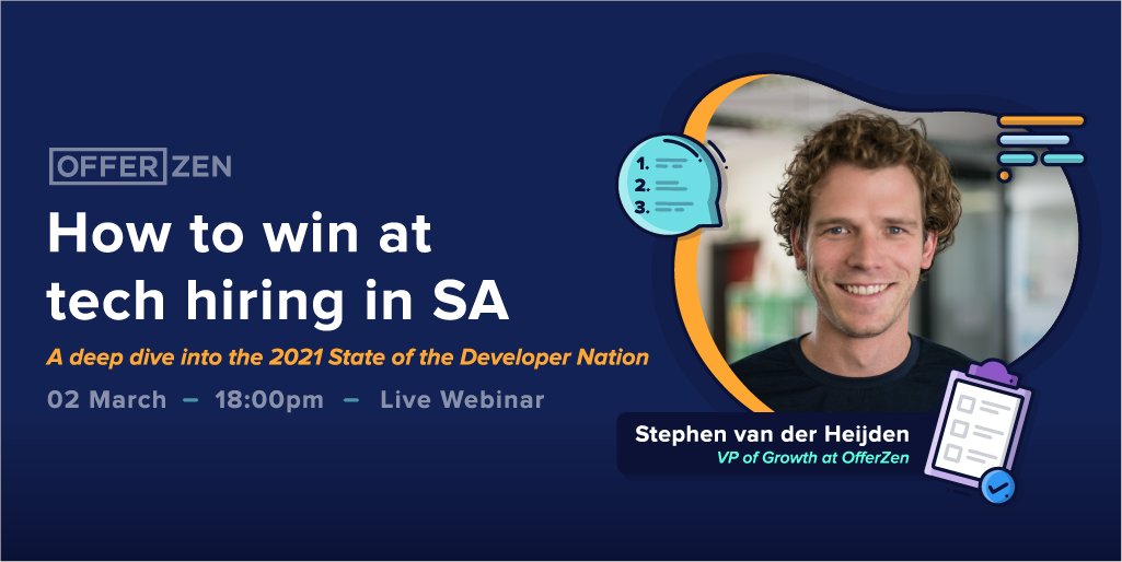 OfferZen's tweet photo. Last call! ๐ฃ Join us at 6pm tonight for the Tech Leadership Meetup, where @Suitophobia will be sharing more insights on developer careers from our #DevNationReport. Grab a spot here! https://t.co/XSMOFpyCvd https://t.co/6Nabx9SmtU