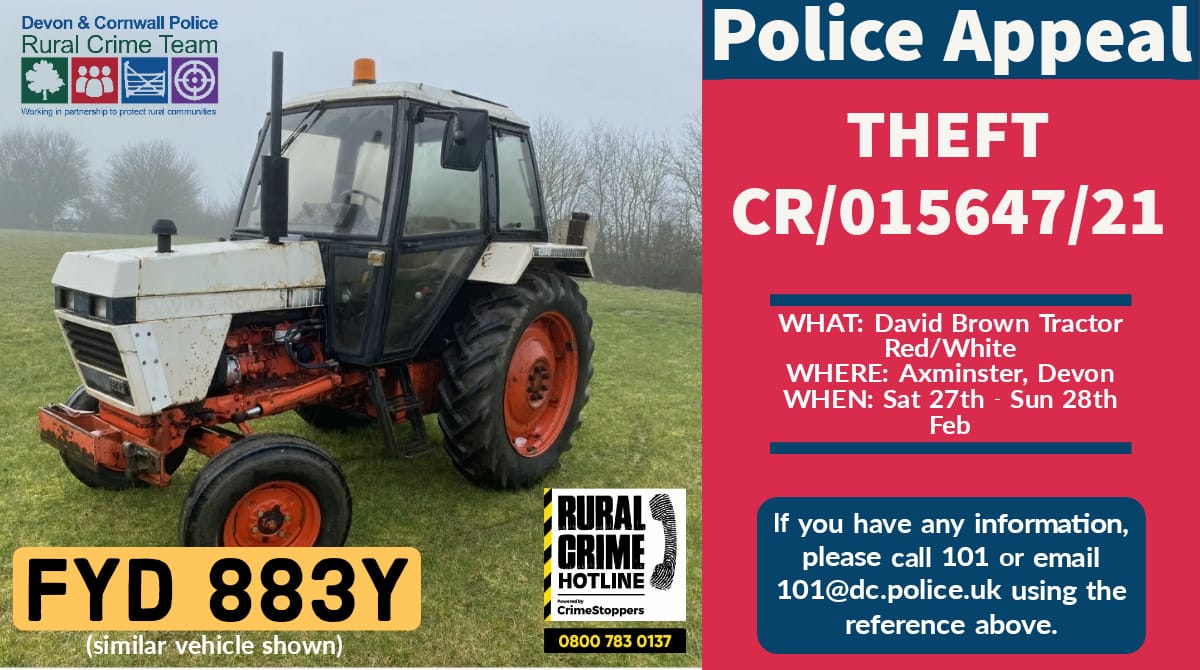 DCPoliceRural_D's tweet image. ⚠️Crime Appeal⚠️
At the weekend, a David Brown #tractor was stolen from the #Axminster area. If you have any information about this #stolen tractor please contact us or call the #RuralCrime hotline anonymously quoting the crime reference. Help make it #TooHotToHandle 🚜