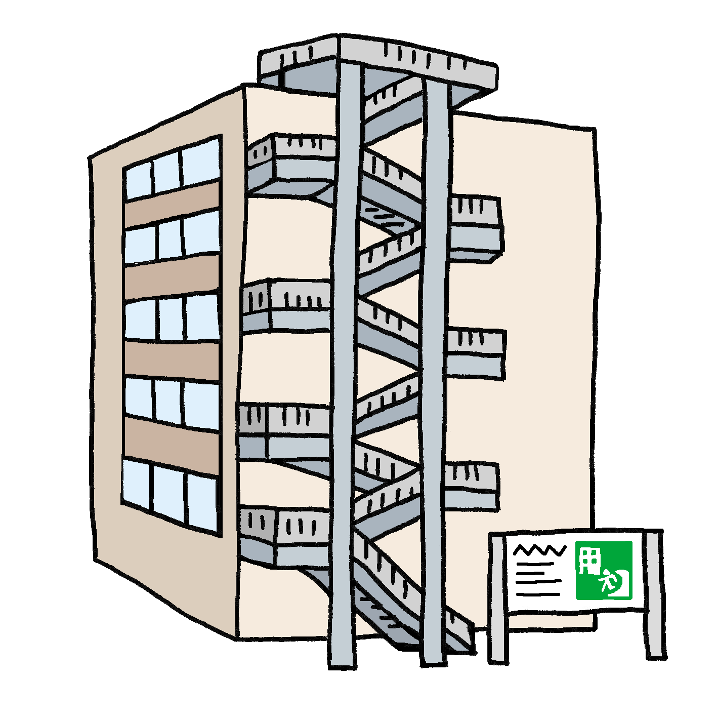 防災無料イラスト 新規 津波避難ビルのイラスト T Co Higudyf3jd 地震発生から浸水想定域の外に避難するまでの時間がない場合 地域住民が津波から避難するためのビルです 既存の建物にあとから外階段を設置したものも多いです T Co