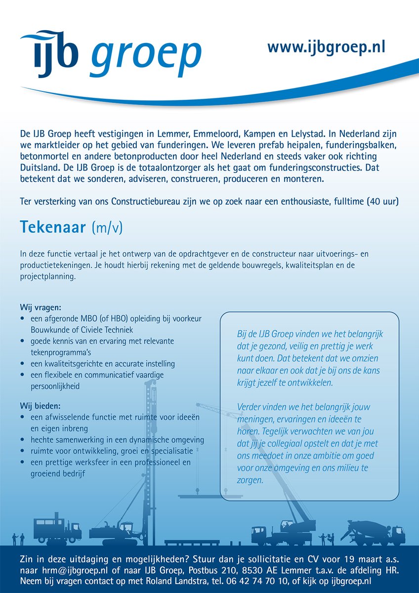 Voor ons constructiebureau zoeken we een Tekenaar die ontwerpen goed naar uitvoerings- en productietekeningen kan vertalen. Heb jij een afgeronde MBO of HBO bouwkunde of civiele techniek opleiding en ervaring met relevante tekenprogramma’s? Kijk dan op: ijbgroep.nl/ijb-groep/werk…