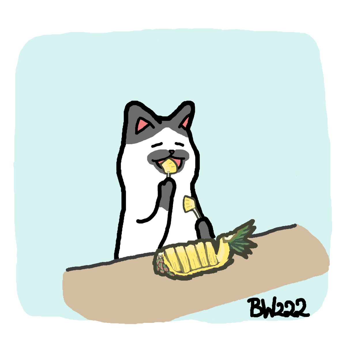 くろもり パイナップルを食べているネコさんを描きました 大好きな台湾が困っているのでパイナップルをいっぱい買います 食べます 台湾パイナップル 台湾パイナップルを食べよう 吃爆台灣鳳梨challenge 台湾加油 イラスト ゆるいイラスト