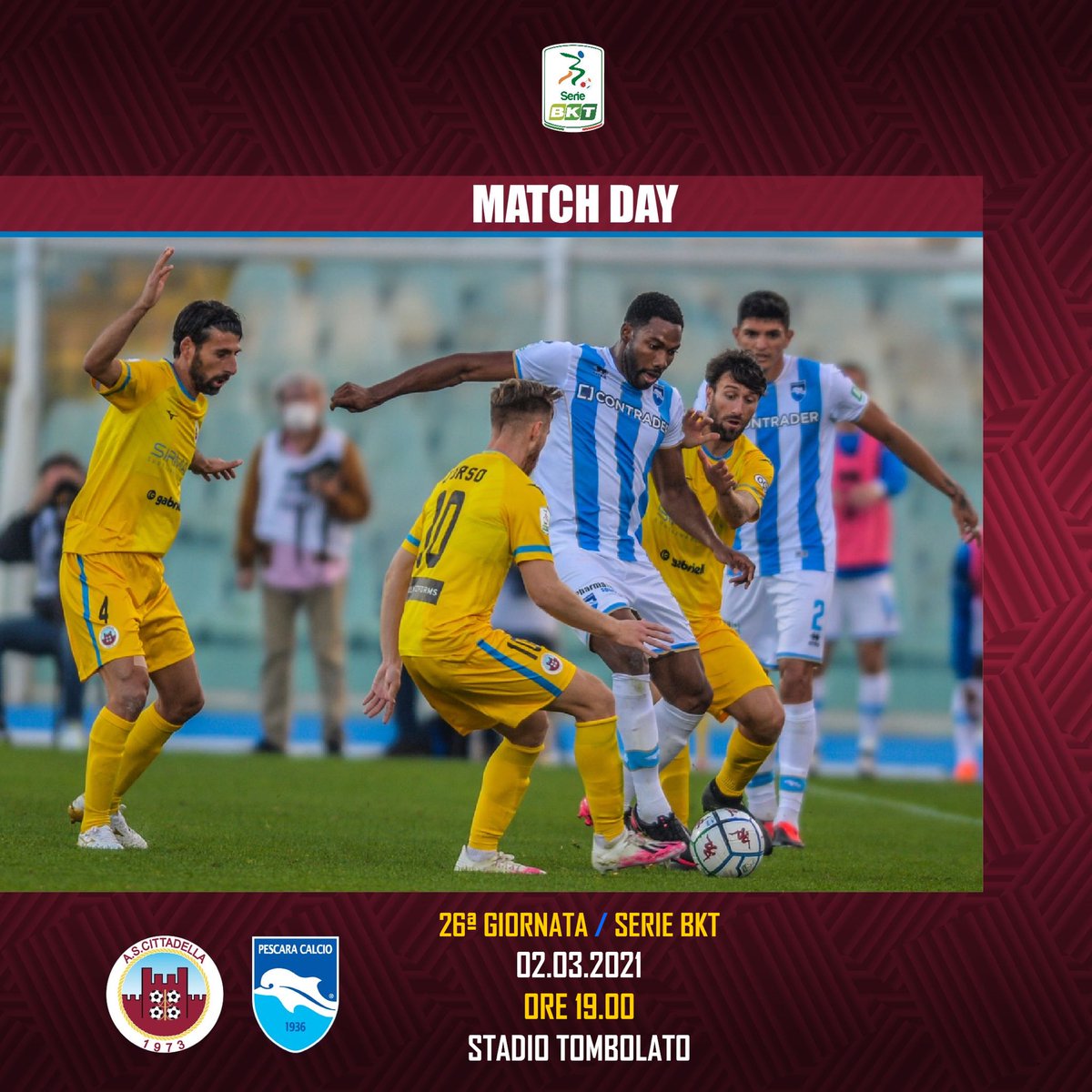 ascittadella73's tweet photo. 2οΈβ£6οΈβ£Βͺ giornata
β½ @Lega_B
π @PescaraCalcio
ποΈ Stadio Tombolato
β° ore 19.00
πΊ Seguiteci su @DAZN_ITβΌοΈ
π² #CitPes #SerieBKT #ForzaCitta https://t.co/pLWnQtO89n