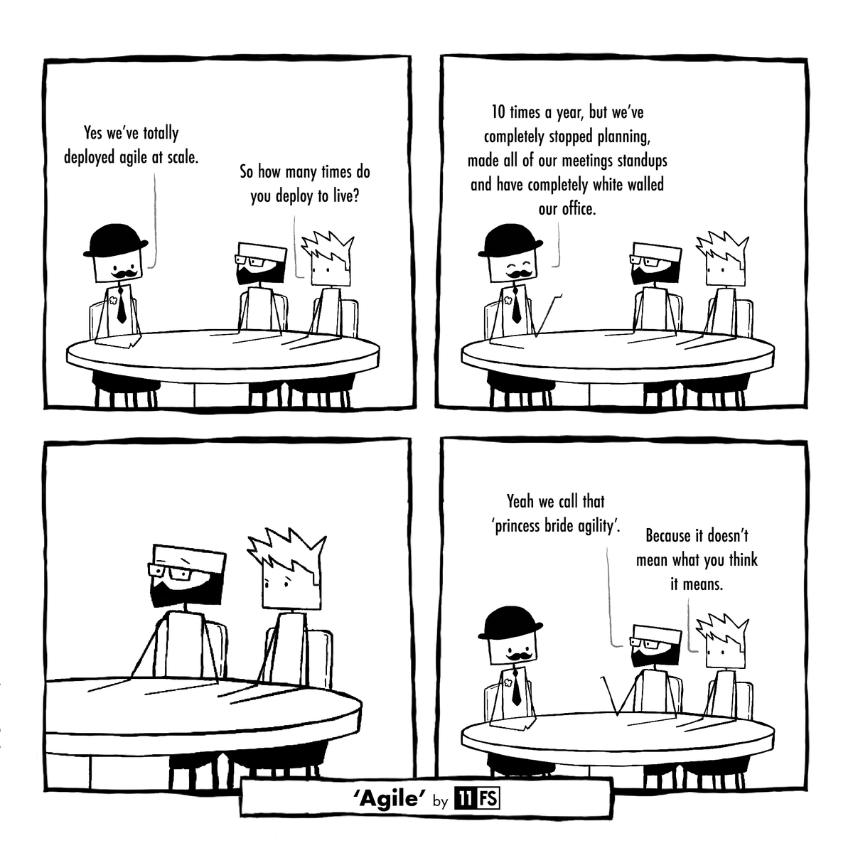 davidbrear's tweet photo. Can't tell you how many times we've had this conversation. 

Agile at scale does NOT equate to beanbags and post-its in the office. 🤦🏻‍♂️🤦🏻‍♂️🤦🏻‍♂️

#11fscomics https://t.co/pXWBSQkLBq