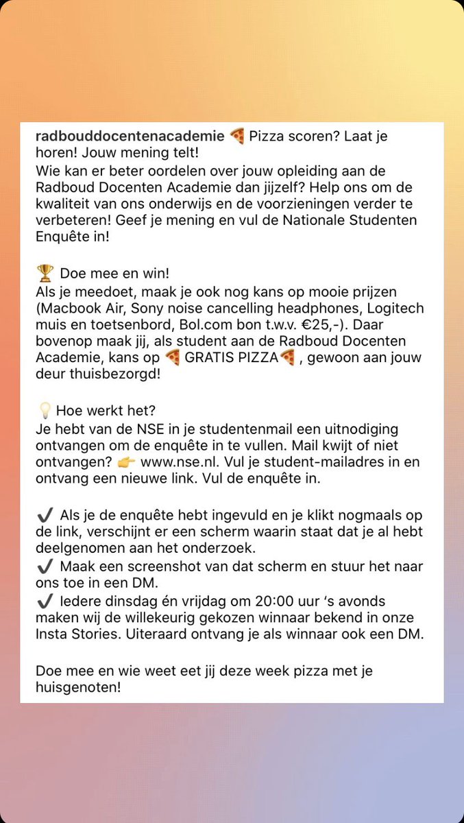 🍕Pizza scoren? Laat je horen! Vul de #NationaleStudentenEnquête in en win. Vanavond maken we de eerste winnaar bekend!